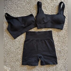Pair Black Ribbed One-Shoulder and Strap Crop Top and High-Waist Shorts Set